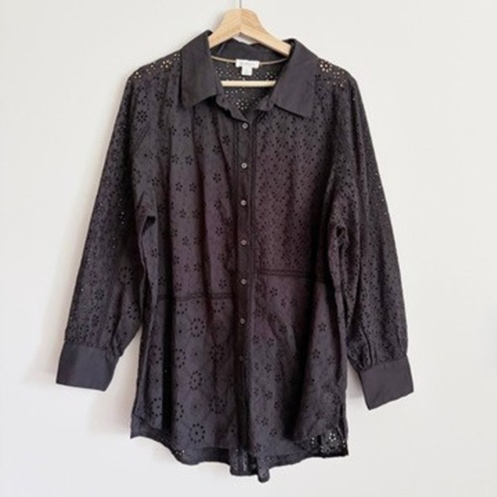 Sundance Black Floral Eyelet Button Down Shirt Size XL Long Sleeve Cotton Boho